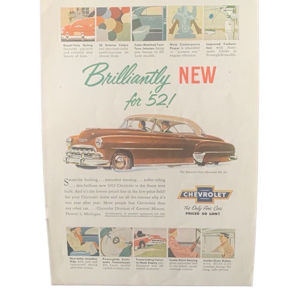 Vintage 1952 Chevrolet Brilliantly New Ad Advertisement
